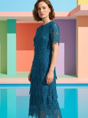 Women's Teal Lace Midi Dress - Elegant Crochet Overlay